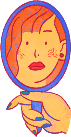 Vibrant Quirky Handdrawn Woman Looking in a Mirror
